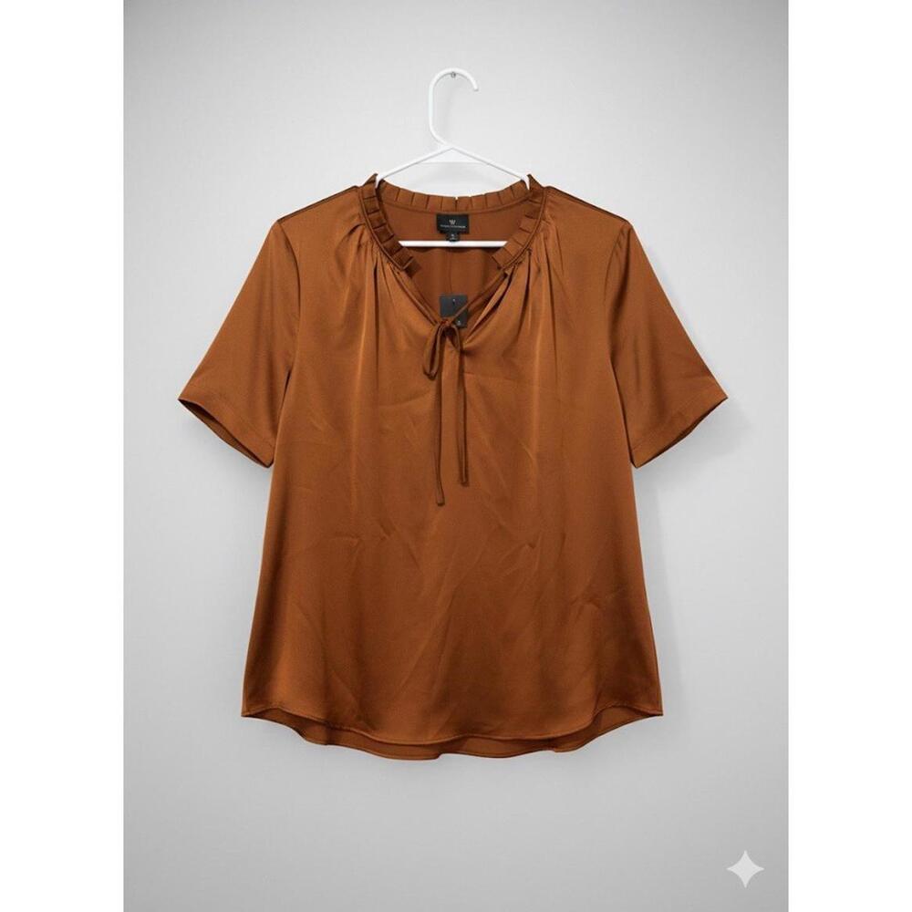 Worthington Women's Short Sleeve Pleated Neck Blouse Copper Size L NWT
